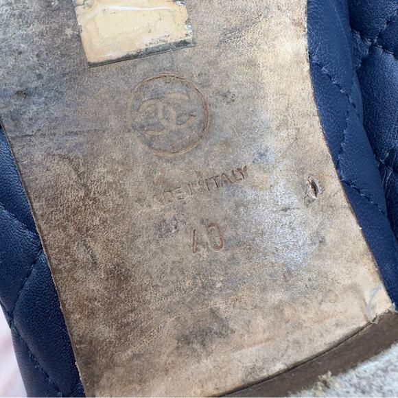 Chanel Women's Navy Blue CC Cap Toe Quilted Leather Ballet Flats - Picture 12 of 12